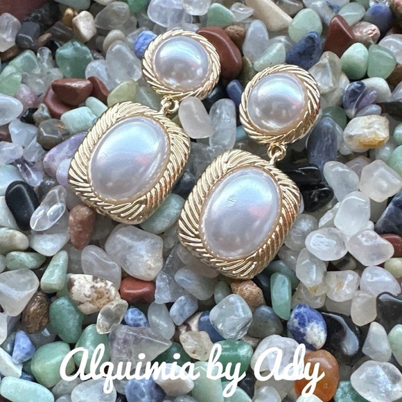 Pearl gold steel dangle chunky hoop earrings/ wisdom and good luck - Picture 1 of 3